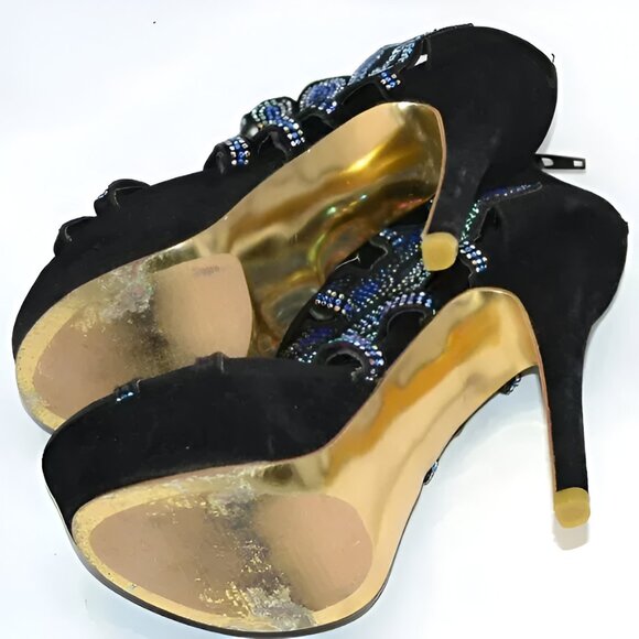Black Velvet Blue Sequin Jewel Crystal Stiletto Christmas Holiday Party Heels 6 - Picture 8 of 10